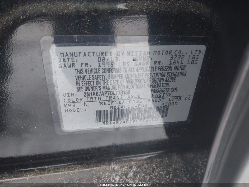 2013 Nissan Sentra S VIN: 3N1AB7AP7DL773160 Lot: 43935807