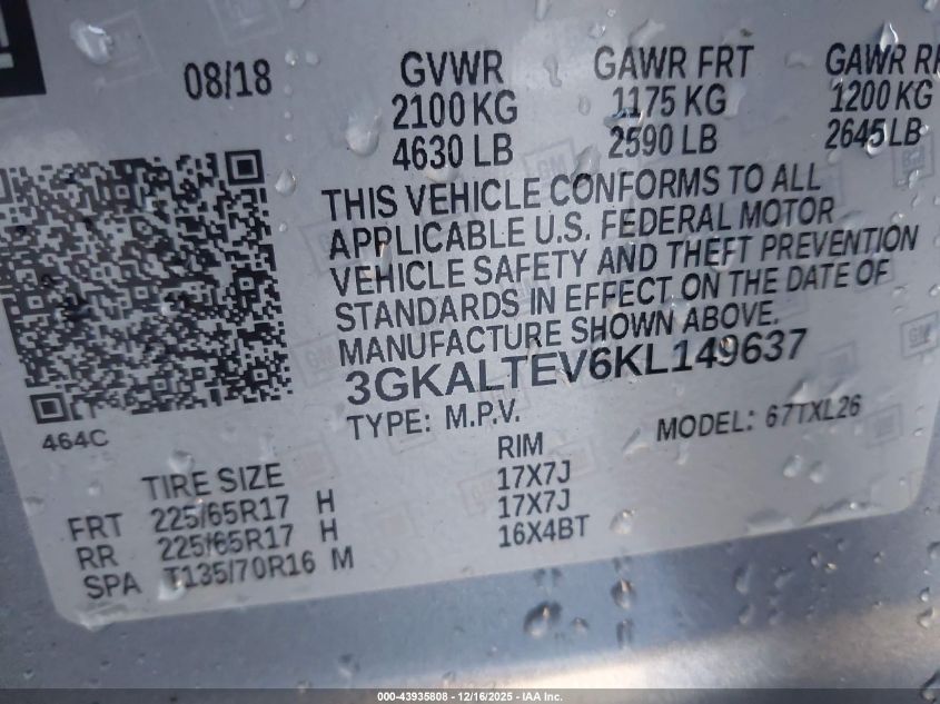 2019 GMC Terrain Sle VIN: 3GKALTEV6KL149637 Lot: 43935808
