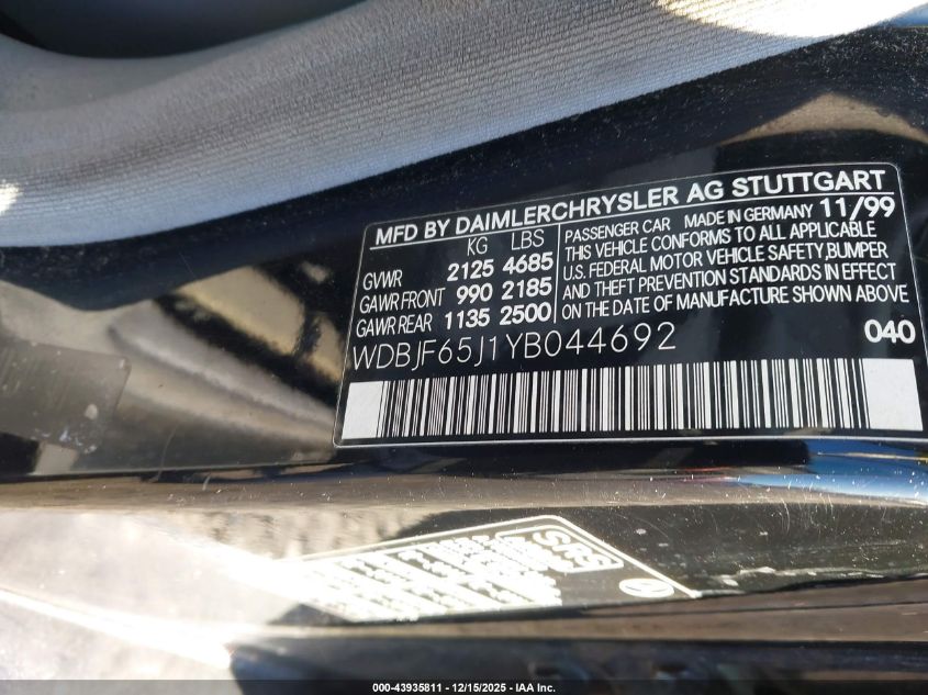 2000 Mercedes-Benz E 320 VIN: WDBJF65J1YB044692 Lot: 43935811