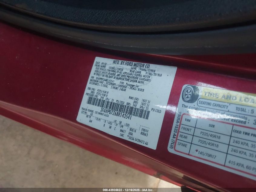 2008 Ford Fusion Se VIN: 3FAHP07Z68R143541 Lot: 43935822