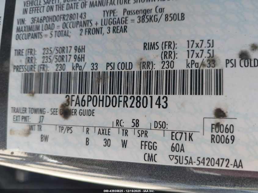 2015 Ford Fusion Se VIN: 3FA6P0HD0FR280143 Lot: 43935825