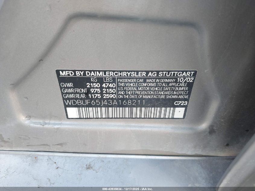 2003 Mercedes-Benz E 320 VIN: WDBUF65J43A168211 Lot: 43935834