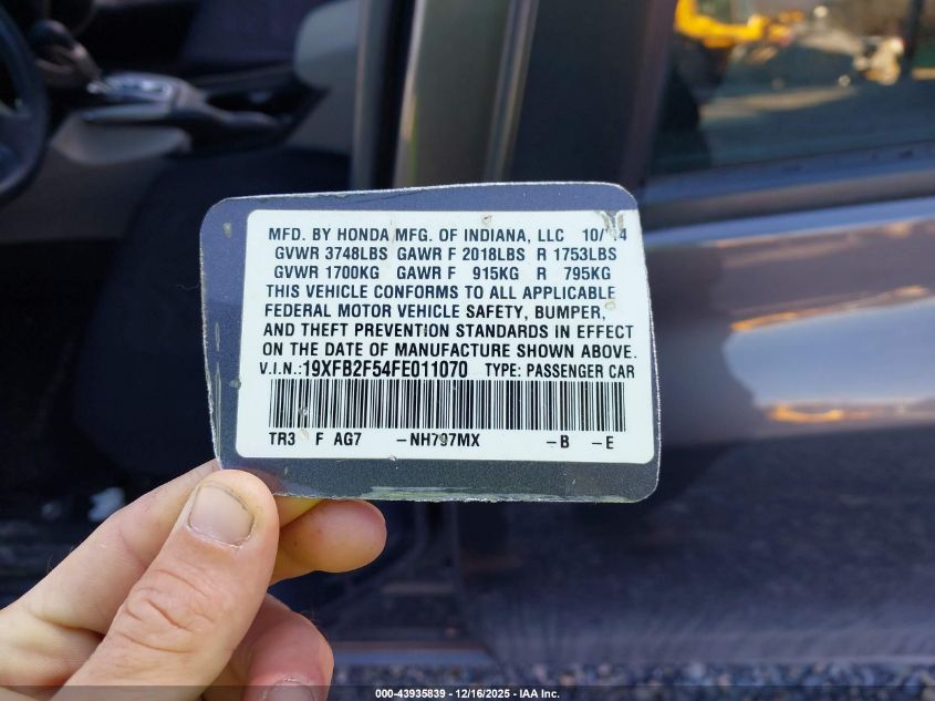 2015 Honda Civic Lx VIN: 19XFB2F54FE011070 Lot: 43935839