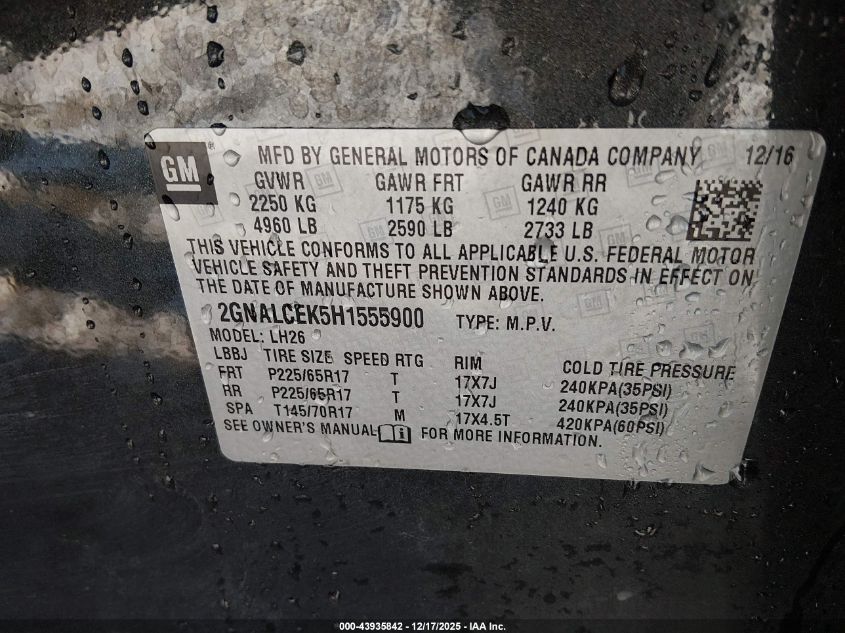 2017 Chevrolet Equinox Lt VIN: 2GNALCEK5H1555900 Lot: 43935842