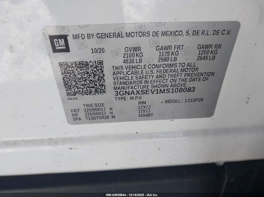 2021 Chevrolet Equinox Awd Ls VIN: 3GNAXSEV1MS108083 Lot: 43935844