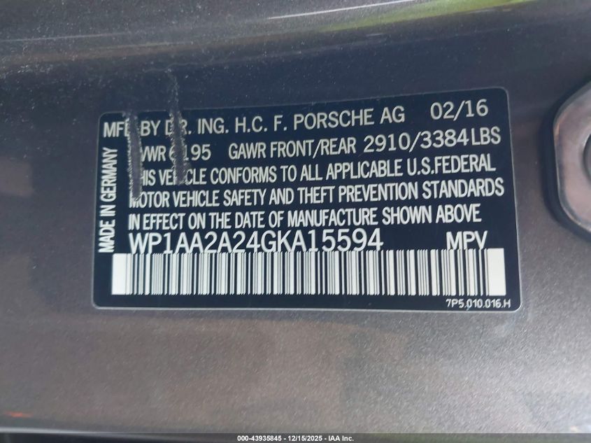 2016 Porsche Cayenne VIN: WP1AA2A24GKA15594 Lot: 43935845