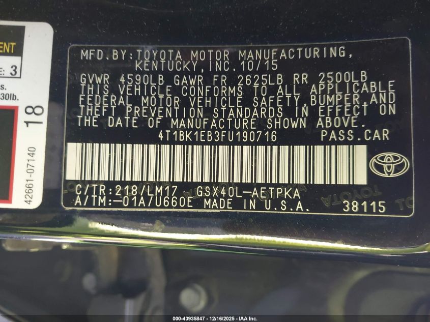 2015 Toyota Avalon Limited VIN: 4T1BK1EB3FU190716 Lot: 43935847