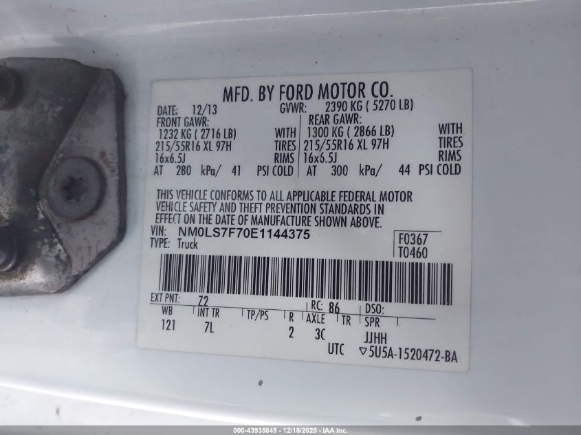 2014 Ford Transit Connect Xlt VIN: NM0LS7F70E1144375 Lot: 43935849