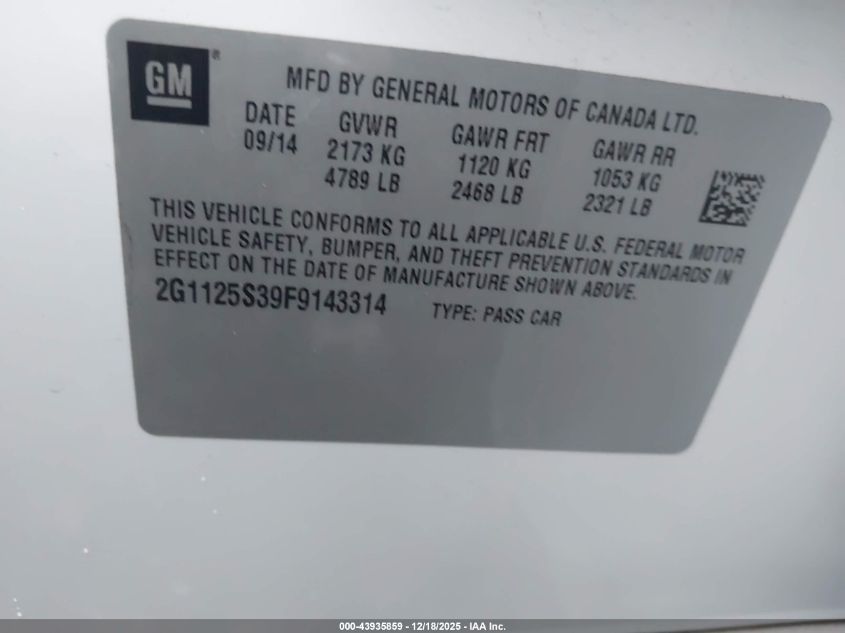 2015 Chevrolet Impala 2Lt VIN: 2G1125S39F9143314 Lot: 43935859