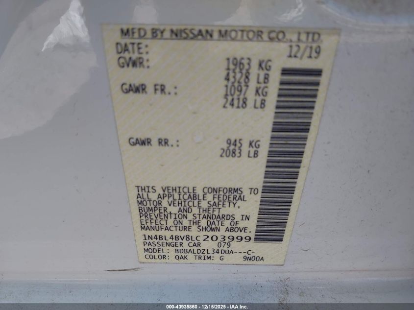 2020 Nissan Altima S Fwd VIN: 1N4BL4BV8LC203999 Lot: 43935860