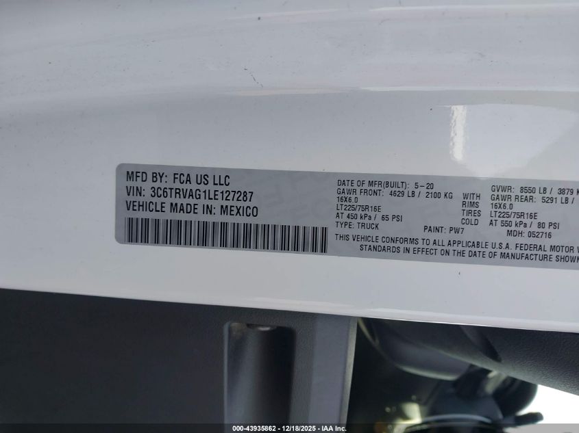 2020 Ram Promaster 1500 Low Roof 136 Wb VIN: 3C6TRVAG1LE127287 Lot: 43935862