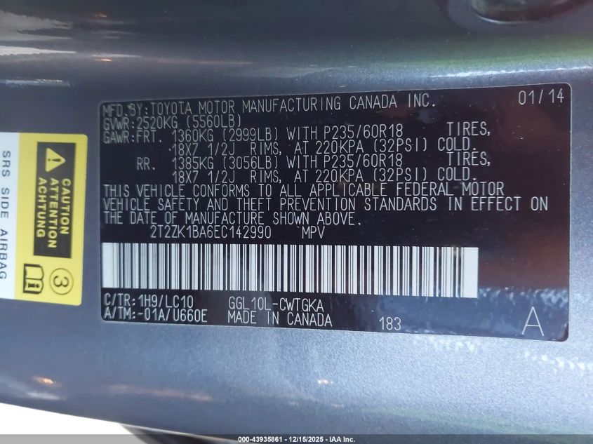 2014 Lexus Rx 350 VIN: 2T2ZK1BA6EC142990 Lot: 43935861