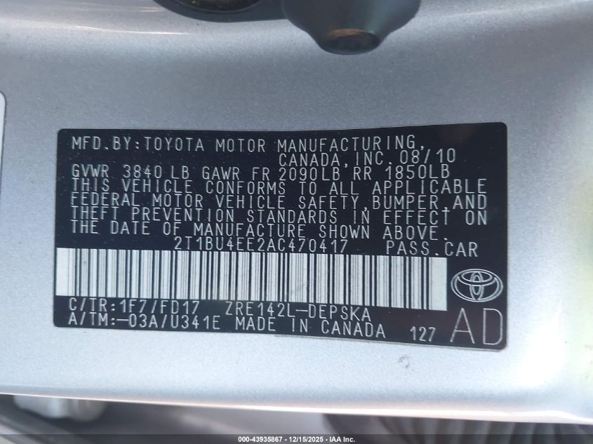 2010 Toyota Corolla S VIN: 2T1BU4EE2AC470417 Lot: 43935867