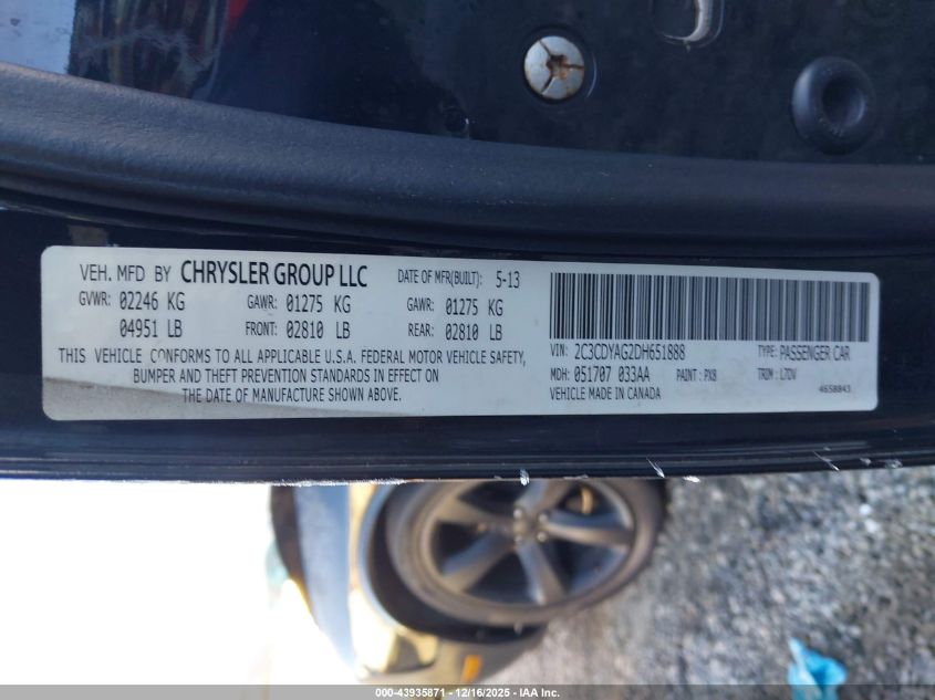 2013 Dodge Challenger Sxt VIN: 2C3CDYAG2DH651888 Lot: 43935871