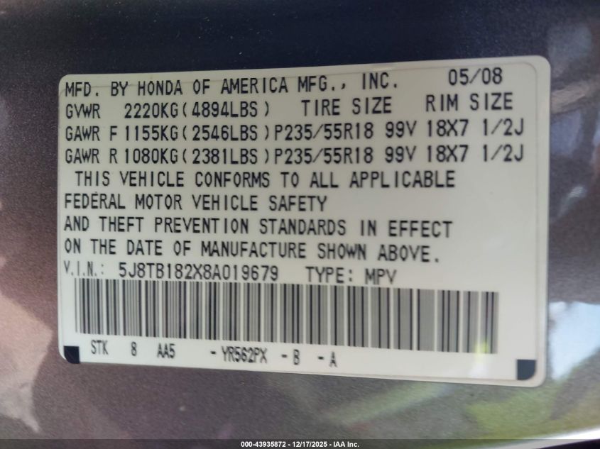 2008 Acura Rdx VIN: 5J8TB182X8A019679 Lot: 43935872