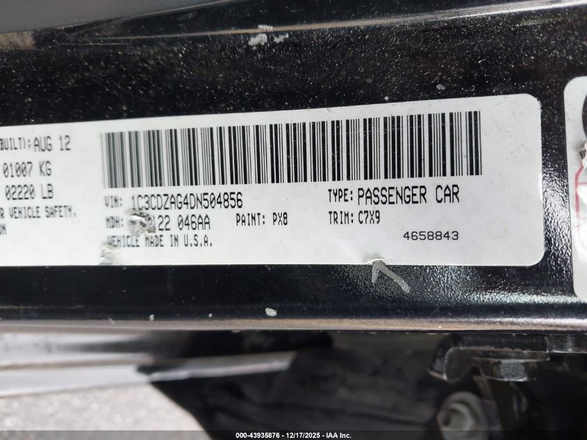 2013 Dodge Avenger Se V6 VIN: 1C3CDZAG4DN504856 Lot: 43935876