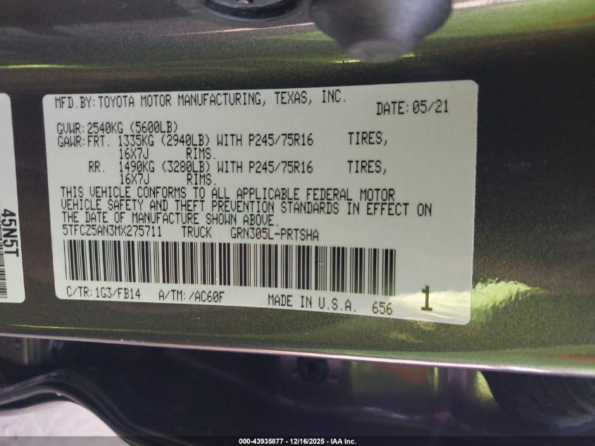 2021 Toyota Tacoma Sr V6 VIN: 5TFCZ5AN3MX275711 Lot: 43935877