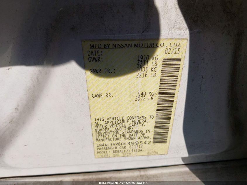 2015 Nissan Altima 2.5/2.5 S/2.5 Sl/2.5 Sv VIN: 1N4AL3AP8FN399542 Lot: 43935878