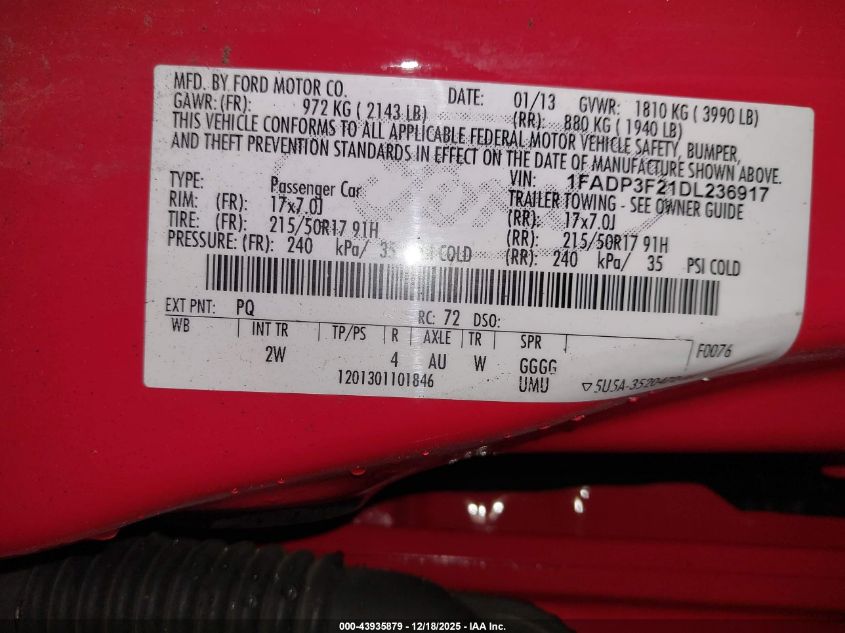 2013 Ford Focus Se VIN: 1FADP3F21DL236917 Lot: 43935879