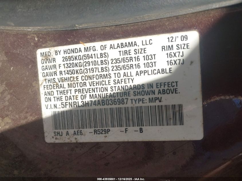 2010 Honda Odyssey Ex-L VIN: 5FNRL3H74AB036987 Lot: 43935881