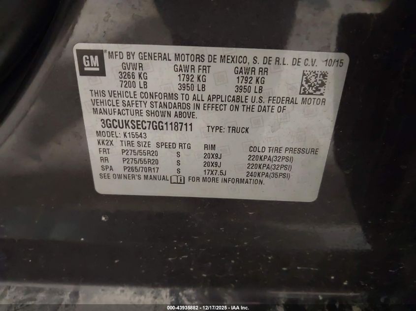 2016 Chevrolet Silverado 1500 1Lz VIN: 3GCUKSEC7GG118711 Lot: 43935882