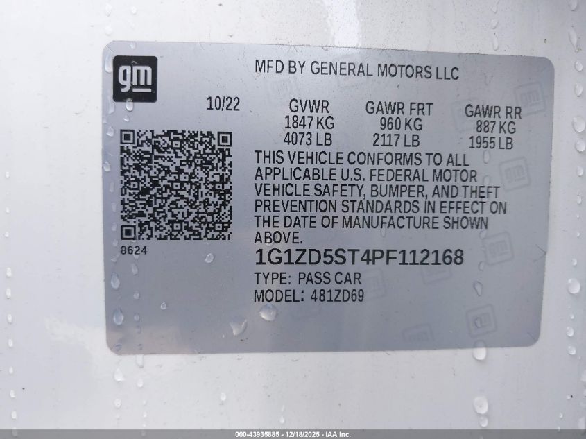 2023 Chevrolet Malibu Fwd 1Lt VIN: 1G1ZD5ST4PF112168 Lot: 43935885