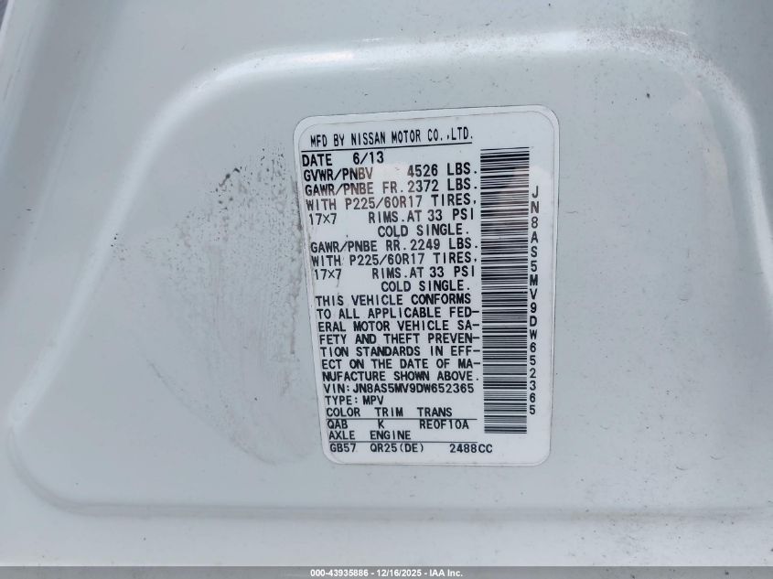 2013 Nissan Rogue Sv VIN: JN8AS5MV9DW652365 Lot: 43935886