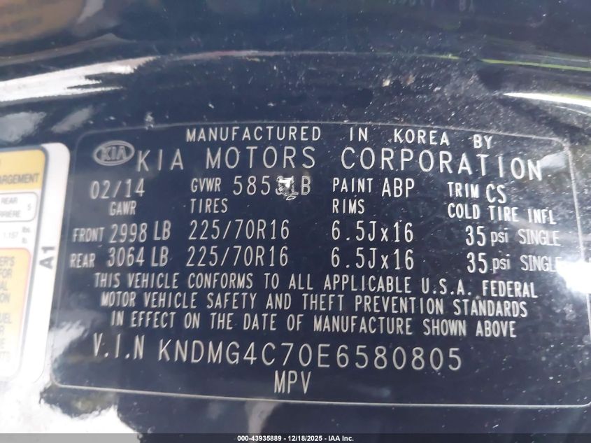 2014 Kia Sedona Lx VIN: KNDMG4C70E6580805 Lot: 43935889