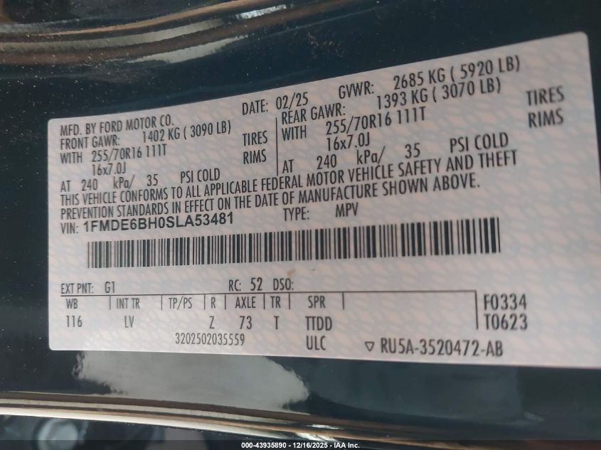 2025 Ford Bronco VIN: 1FMDE6BH0SLA53481 Lot: 43935890