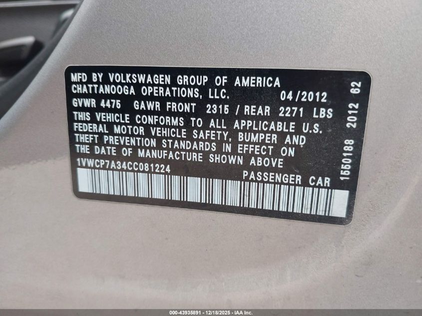 2012 Volkswagen Passat 2.5L Sel Premium VIN: 1VWCP7A34CC081224 Lot: 43935891
