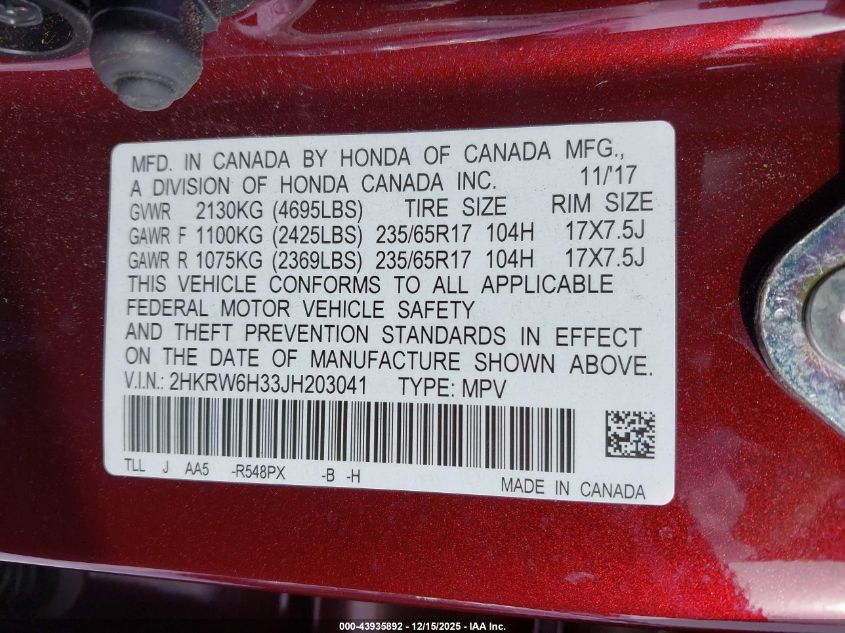 2018 Honda Cr-V Lx VIN: 2HKRW6H33JH203041 Lot: 43935892