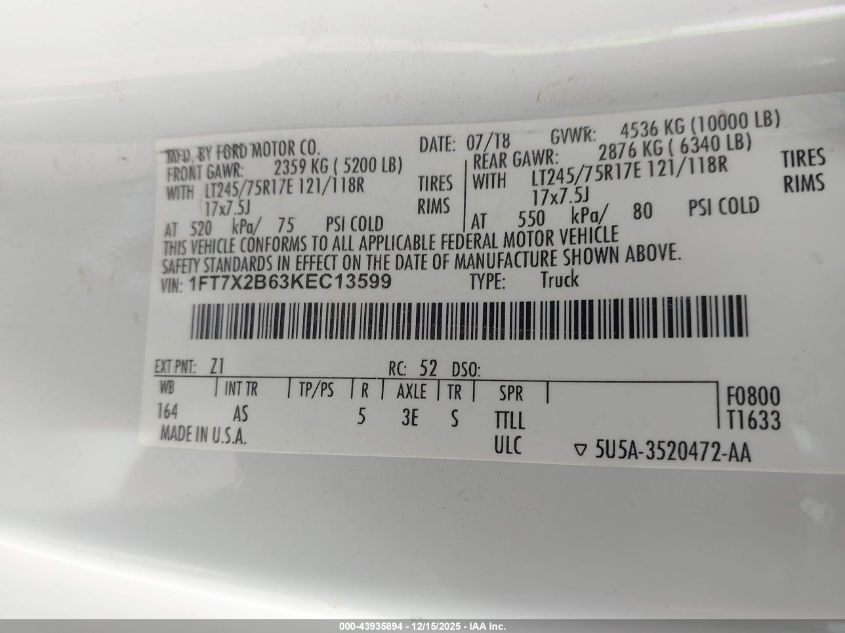 2019 Ford F-250 Xl VIN: 1FT7X2B63KEC13599 Lot: 43935894