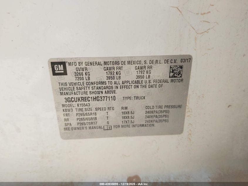 2017 Chevrolet Silverado 1500 1Lt VIN: 3GCUKREC1HG377110 Lot: 43935895