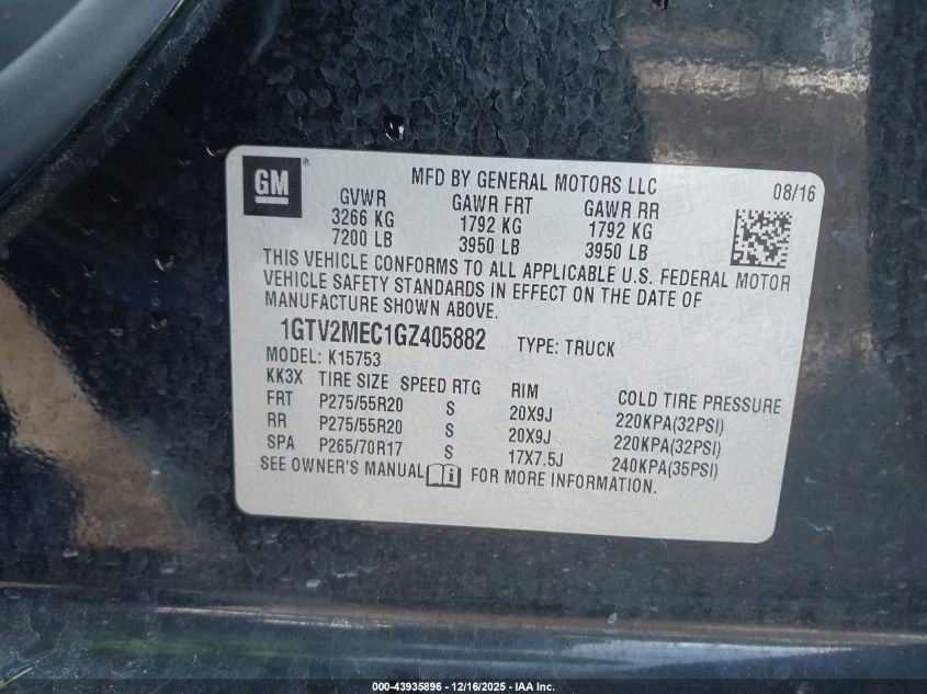 2016 GMC Sierra 1500 Sle VIN: 1GTV2MEC1GZ405882 Lot: 43935896