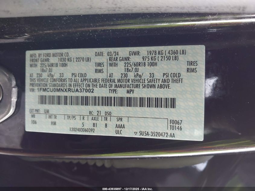 2024 Ford Escape St-Line VIN: 1FMCU0MNXRUA37002 Lot: 43935897