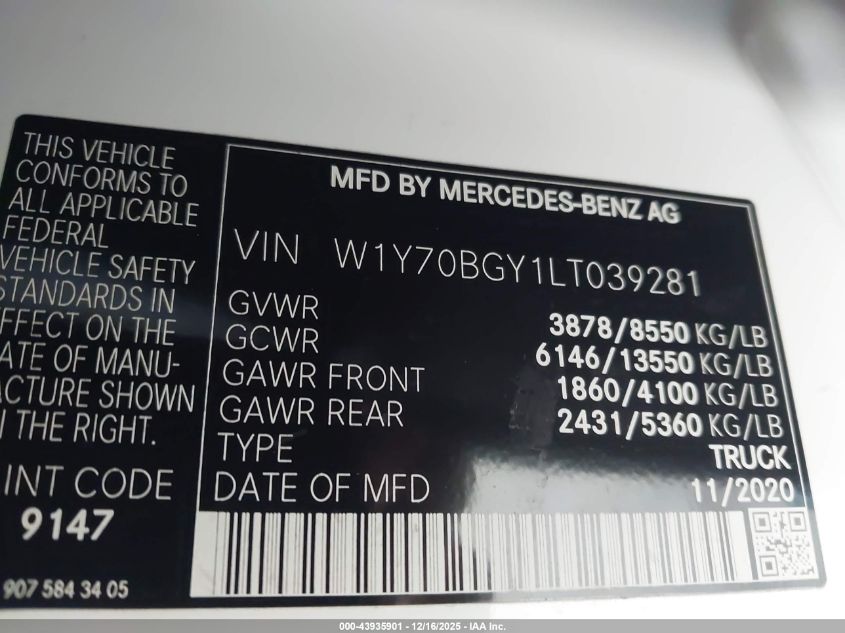 2020 Mercedes-Benz Sprinter 1500 Standard Roof I4 VIN: W1Y70BGY1LT039281 Lot: 43935901