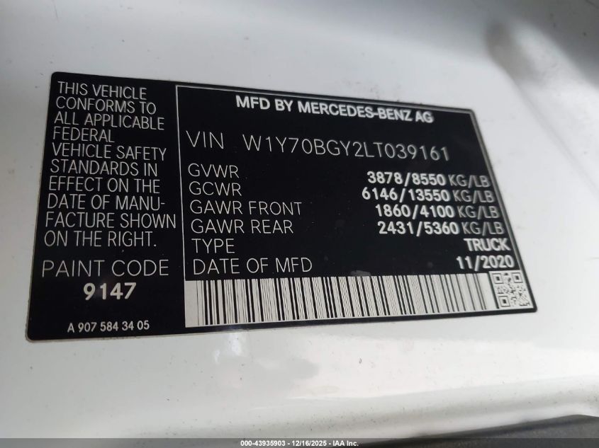 2020 Mercedes-Benz Sprinter 1500 Standard Roof I4 VIN: W1Y70BGY2LT039161 Lot: 43935903