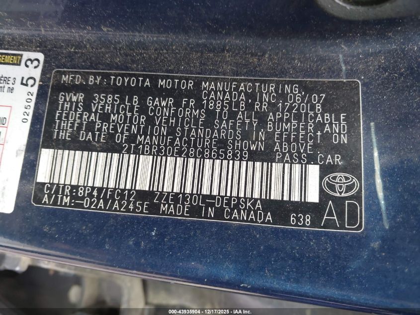 2008 Toyota Corolla S VIN: 2T1BR30E28C865839 Lot: 43935904