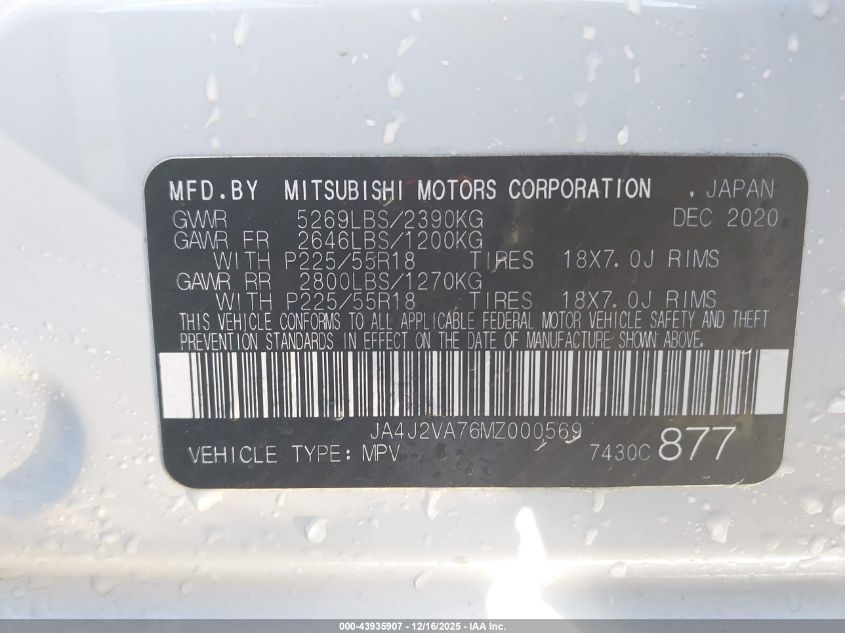 2021 Mitsubishi Outlander Phev Gt S-Awc/Le S-Awc/Sel S-Awc VIN: JA4J2VA76MZ000569 Lot: 43935907