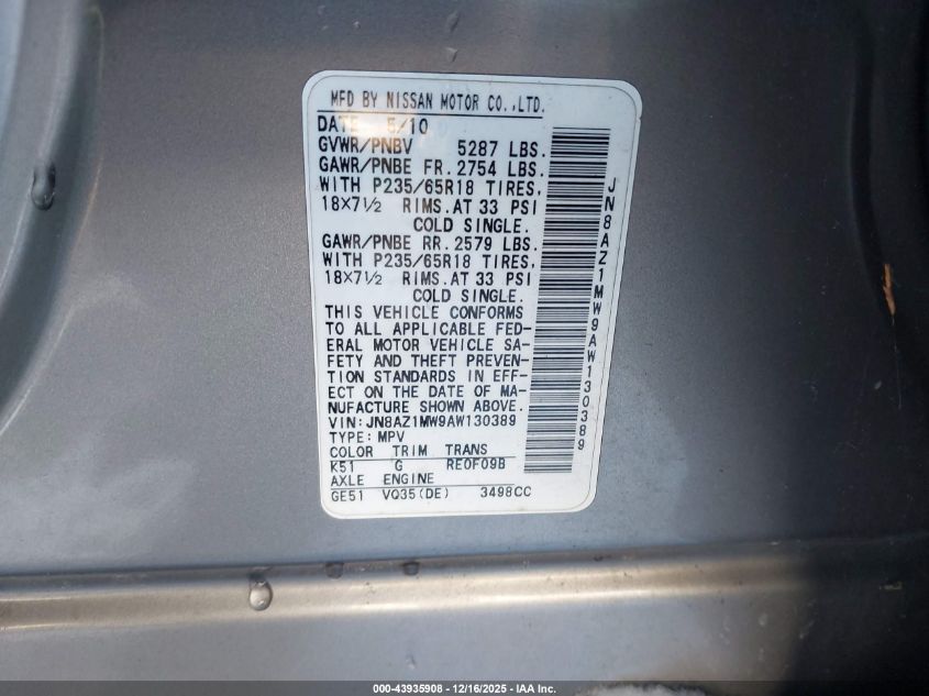 2010 Nissan Murano Sl VIN: JN8AZ1MW9AW130389 Lot: 43935908