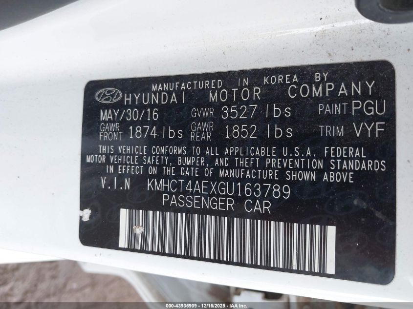 2016 Hyundai Accent Se VIN: KMHCT4AEXGU163789 Lot: 43935909