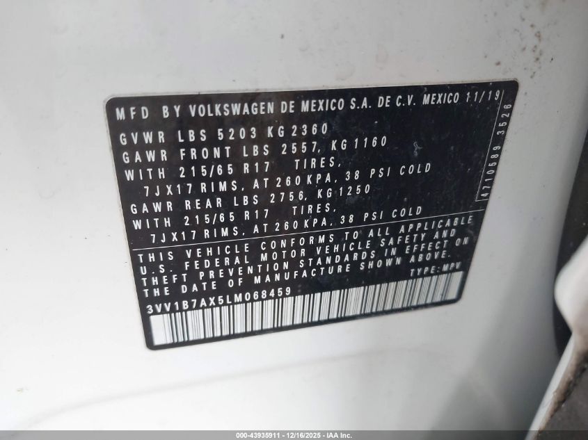 2020 Volkswagen Tiguan 2.0T S VIN: 3VV1B7AX5LM068459 Lot: 43935911