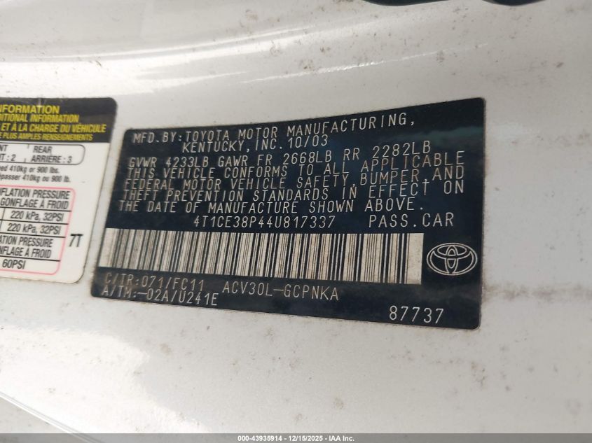 2004 Toyota Camry Solara Se Sport VIN: 4T1CE38P44U817337 Lot: 43935914