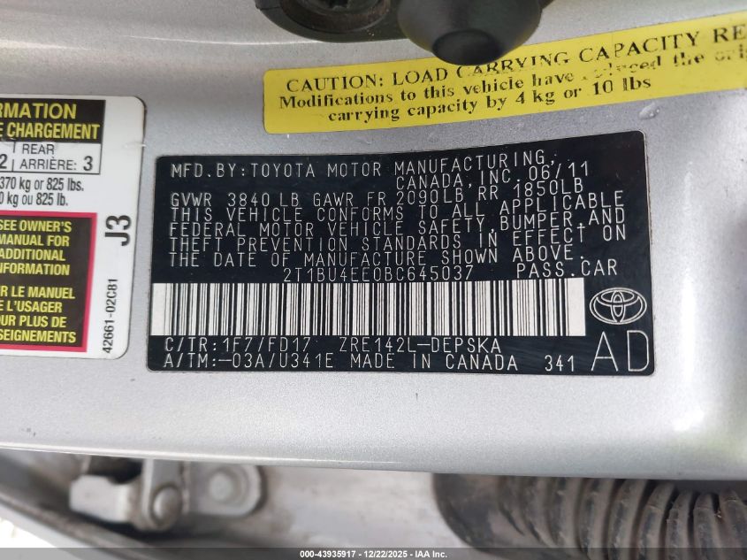 2011 Toyota Corolla S VIN: 2T1BU4EE0BC645037 Lot: 43935917