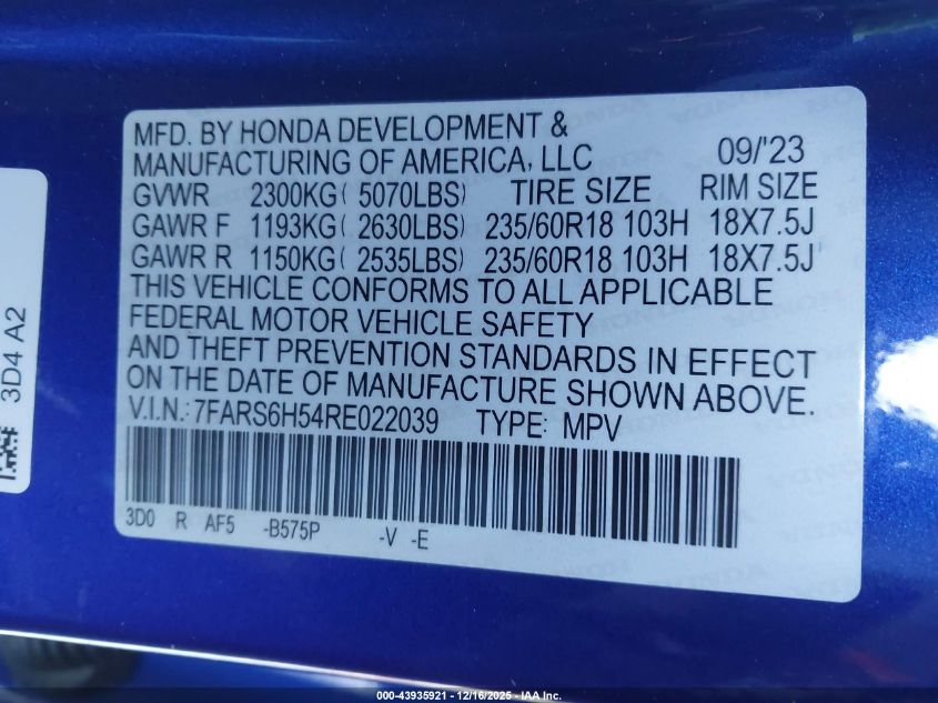2024 Honda Cr-V Hybrid Sport VIN: 7FARS6H54RE022039 Lot: 43935921