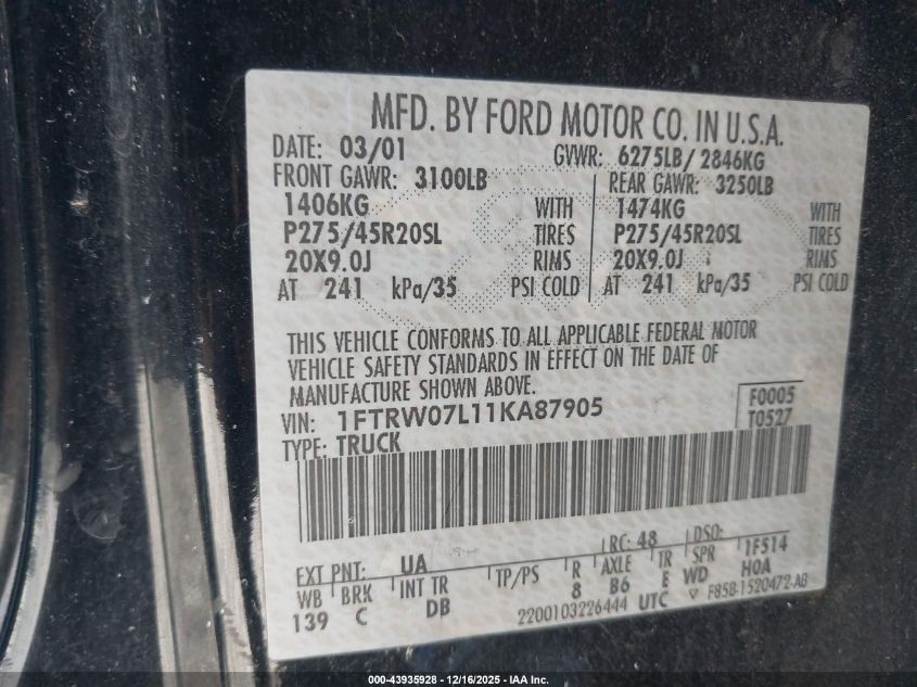 2001 Ford F-150 Harley-Davidson Edition/King Ranch Edition/Lariat/Xlt VIN: 1FTRW07L11KA87905 Lot: 43935928