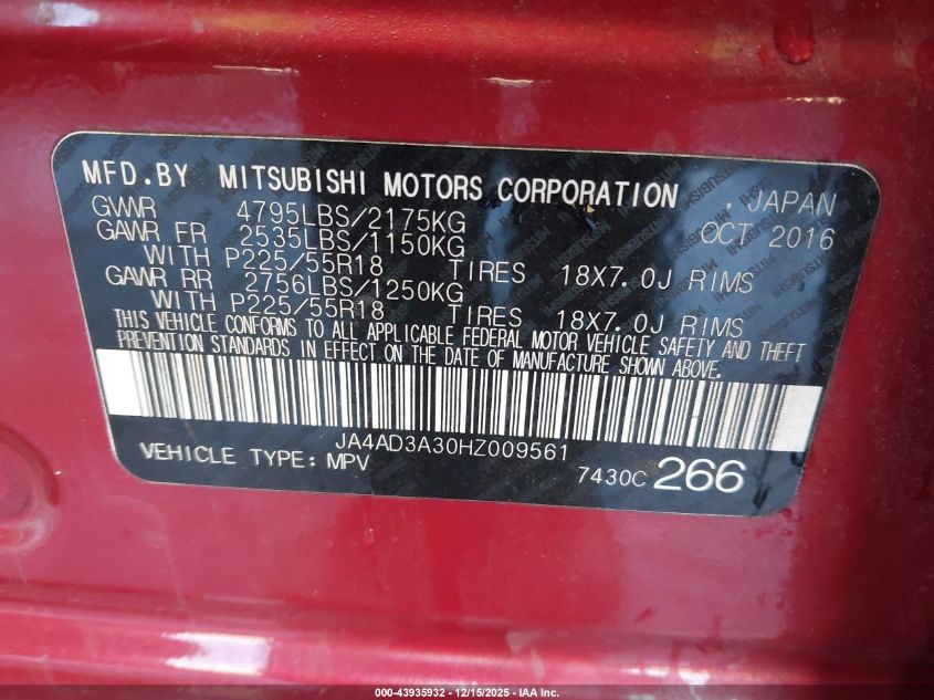 2017 Mitsubishi Outlander Sel VIN: JA4AD3A30HZ009561 Lot: 43935932