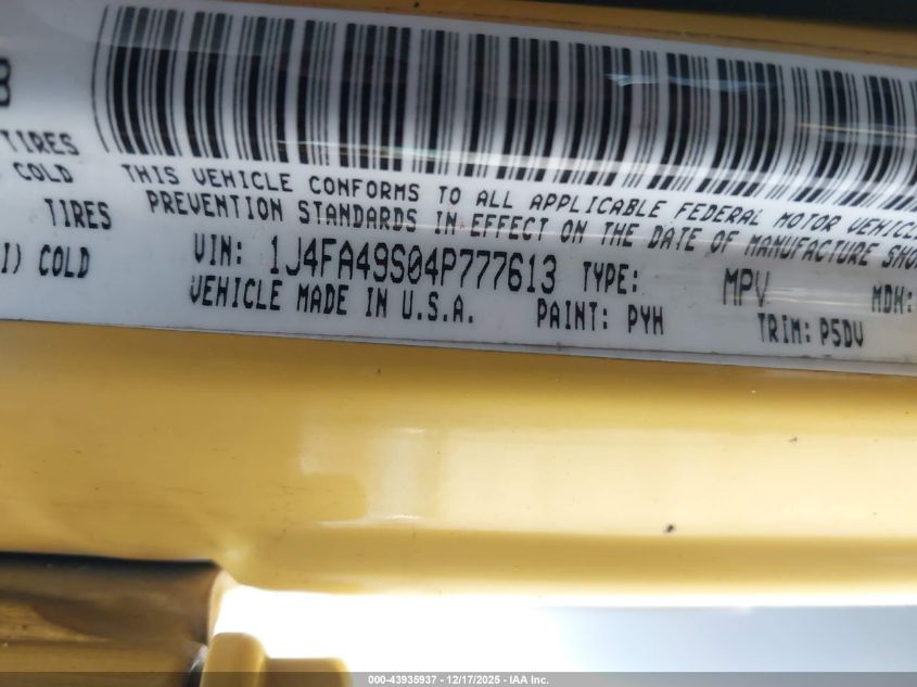2004 Jeep Wrangler Unlimited VIN: 1J4FA49S04P777613 Lot: 43935937