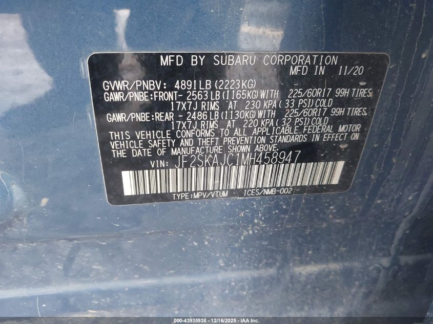 2021 Subaru Forester Premium VIN: JF2SKAJC1MH458947 Lot: 43935938