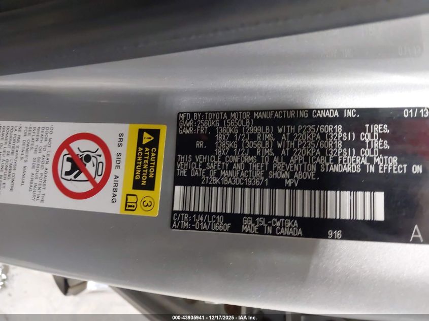 2013 Lexus Rx 350 VIN: 2T2BK1BA3DC193671 Lot: 43935941